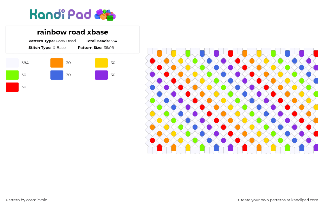 rainbow road xbase - Pony Bead Pattern by cosmicvoid on Kandi Pad - white,yellow,blue,red,colorful
