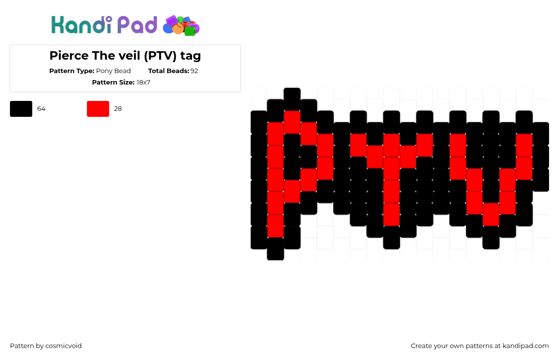 Pierce The veil (PTV) tag - Pony Bead Pattern by cosmicvoid on Kandi Pad - red,black