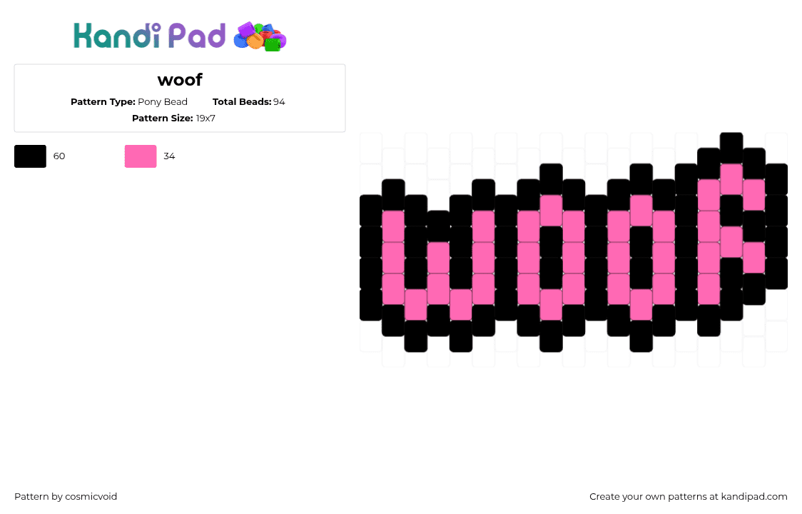 woof - Pony Bead Pattern by cosmicvoid on Kandi Pad - woof,text,charm,pink,black