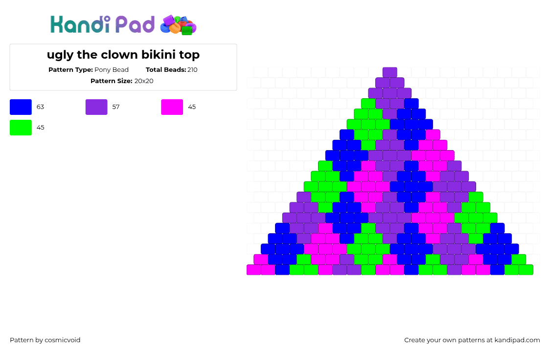 ugly the clown bikini top - Pony Bead Pattern by cosmicvoid on Kandi Pad - clown,bikini,colorful,clothing,bra,purple,blue,green,pink