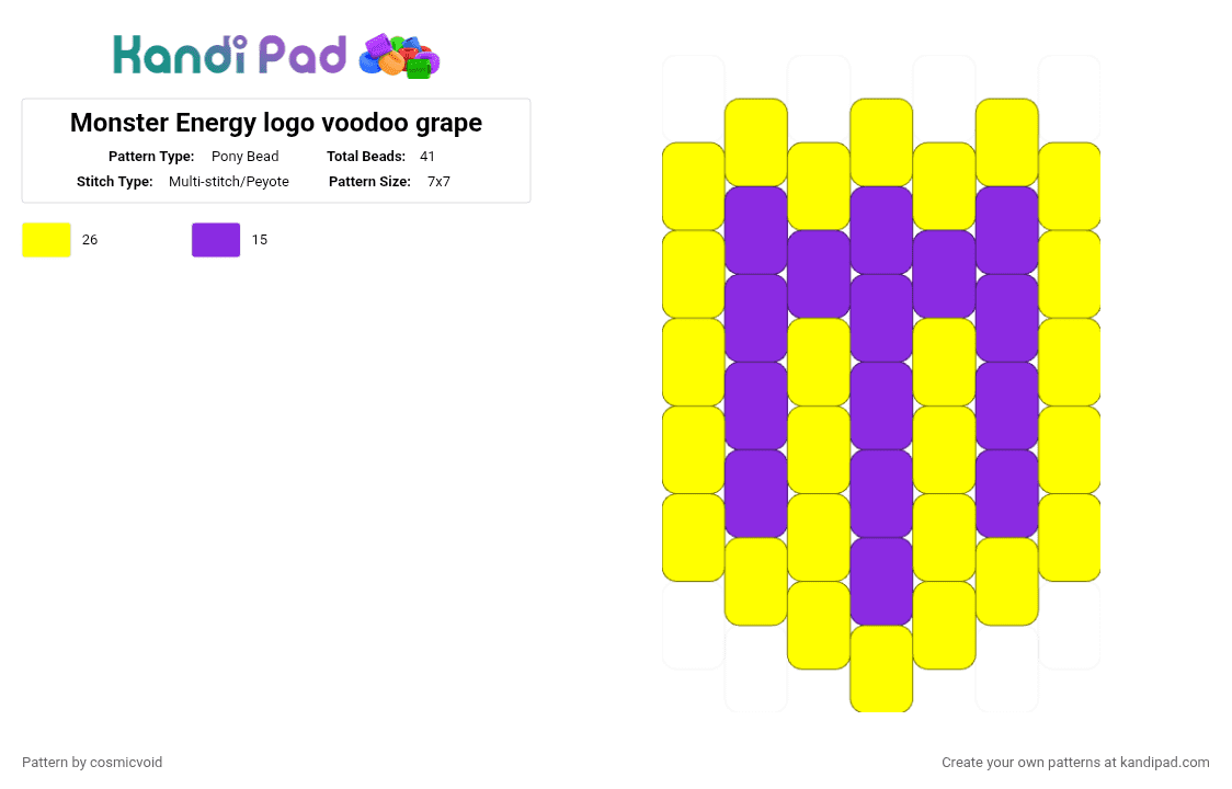 Monster Energy logo voodoo grape - Pony Bead Pattern by cosmicvoid on Kandi Pad - yellow,purple,monster energy,logo,charm,small,simple