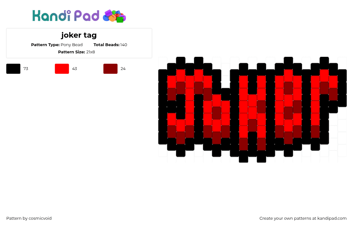 joker tag - Pony Bead Pattern by cosmicvoid on Kandi Pad - red,black