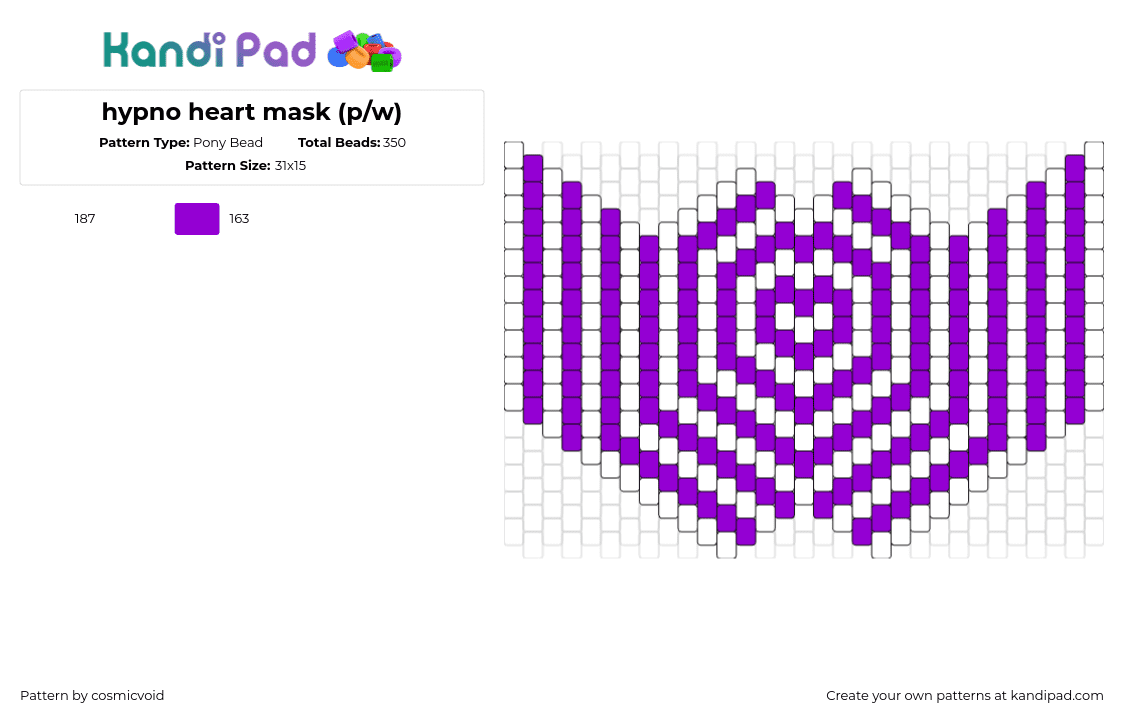 hypno heart mask (p/w) - Pony Bead Pattern by cosmicvoid on Kandi Pad - hypnotic,heart,stripes,mask,trippy,white,purple