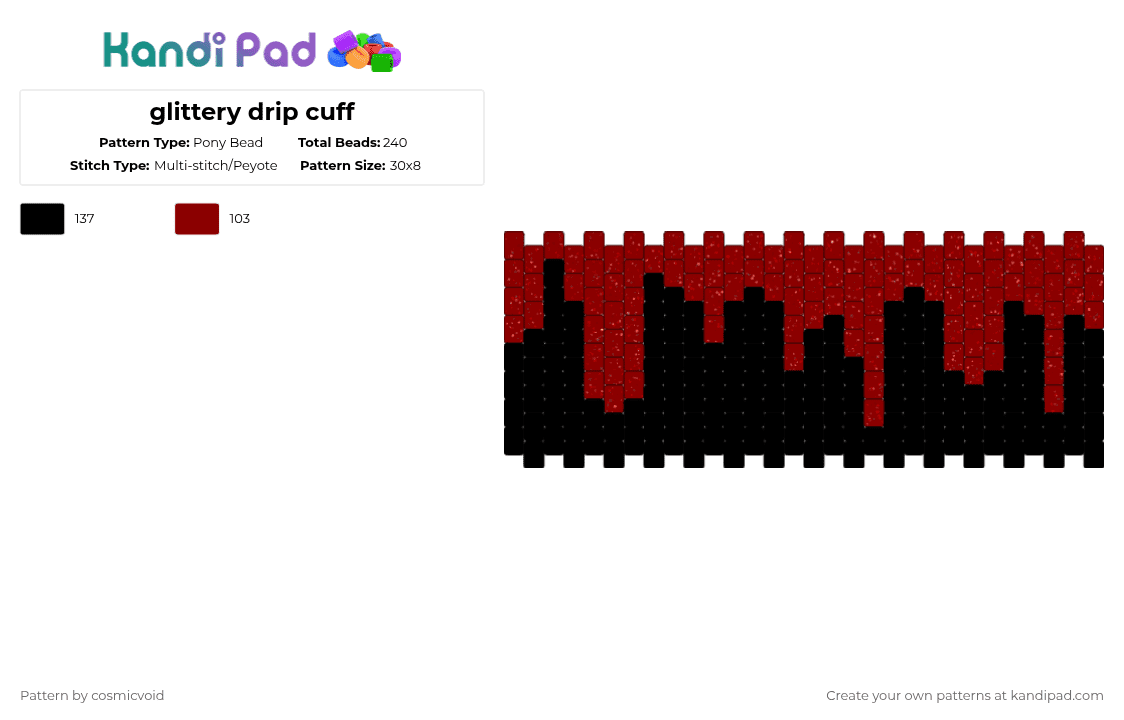 glittery drip cuff - Pony Bead Pattern by cosmicvoid on Kandi Pad - red,black