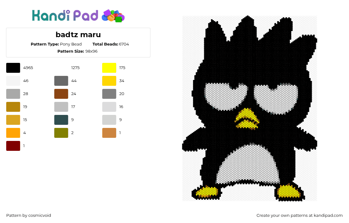 badtz maru - Pony Bead Pattern by cosmicvoid on Kandi Pad - badtz maru,sanrio,penguin,character,black,white