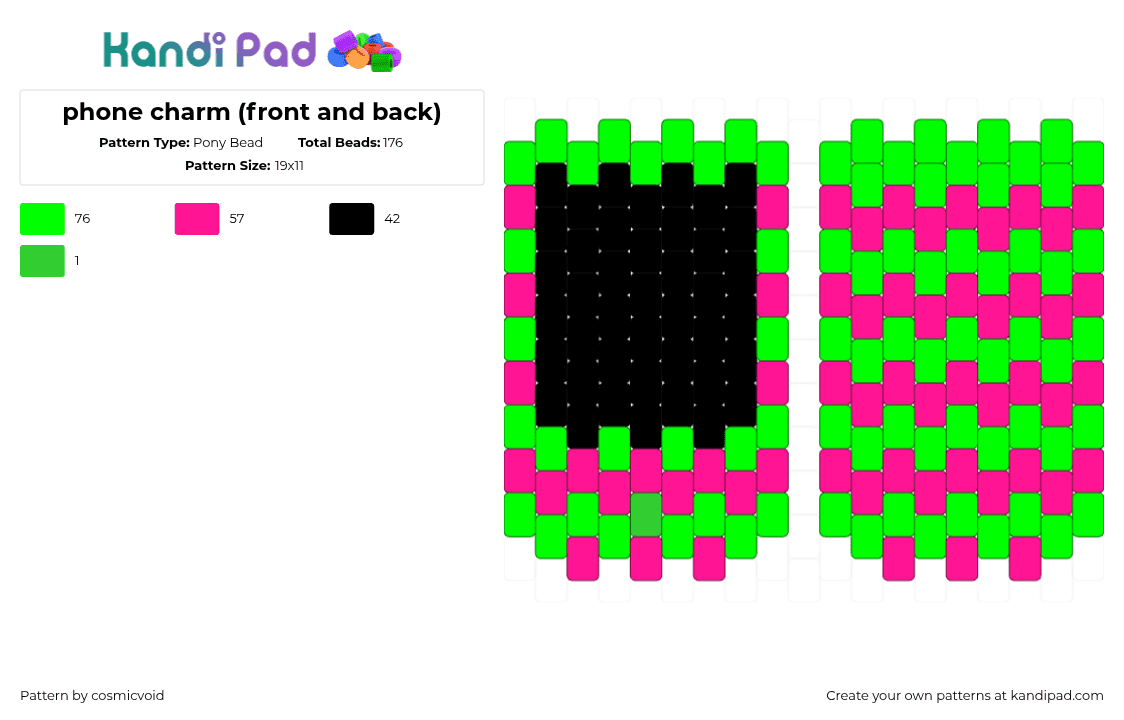 phone charm (front and back) - Pony Bead Pattern by cosmicvoid on Kandi Pad - cell phone,telephone,case,charm,scene,pink,green,black