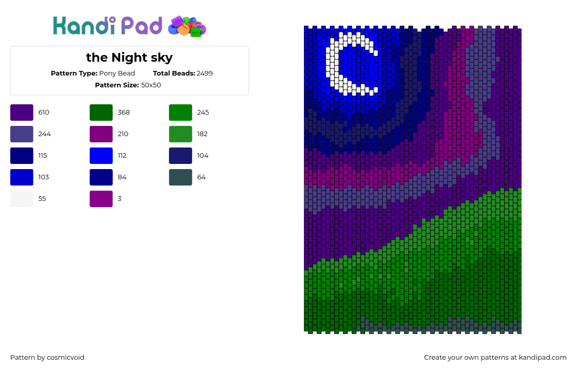 the Night sky - Pony Bead Pattern by cosmicvoid on Kandi Pad - landscape,night,field,moon,crescent,panel,green,purple