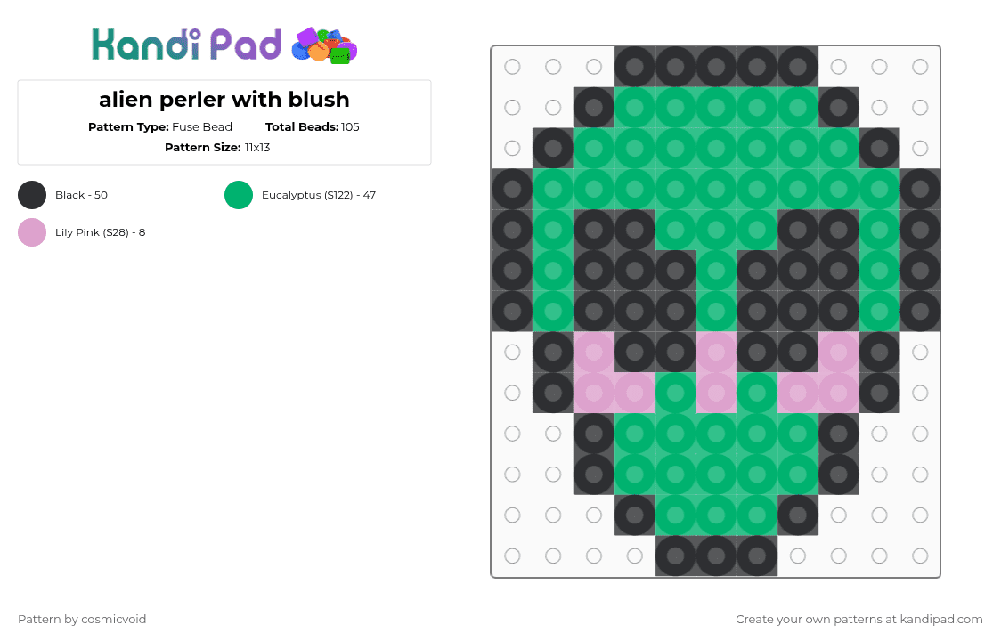 alien perler with blush - Fuse Bead Pattern by cosmicvoid on Kandi Pad - green