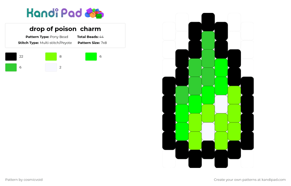 drop of poison  charm - Pony Bead Pattern by cosmicvoid on Kandi Pad - green,charm,small