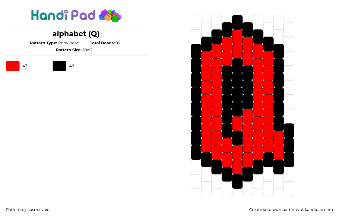 alphabet (Q) - Pony Bead Pattern by cosmicvoid on Kandi Pad - q,alphabet,letter,text,charm,red,black