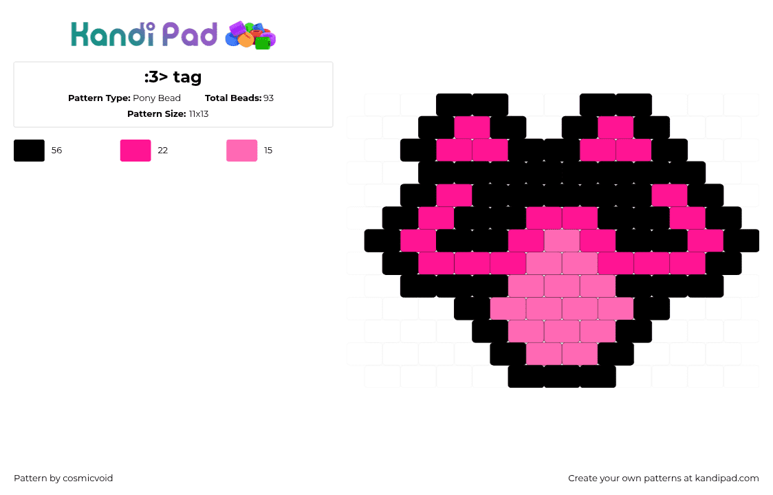 :3> tag - Pony Bead Pattern by cosmicvoid on Kandi Pad - pink,black