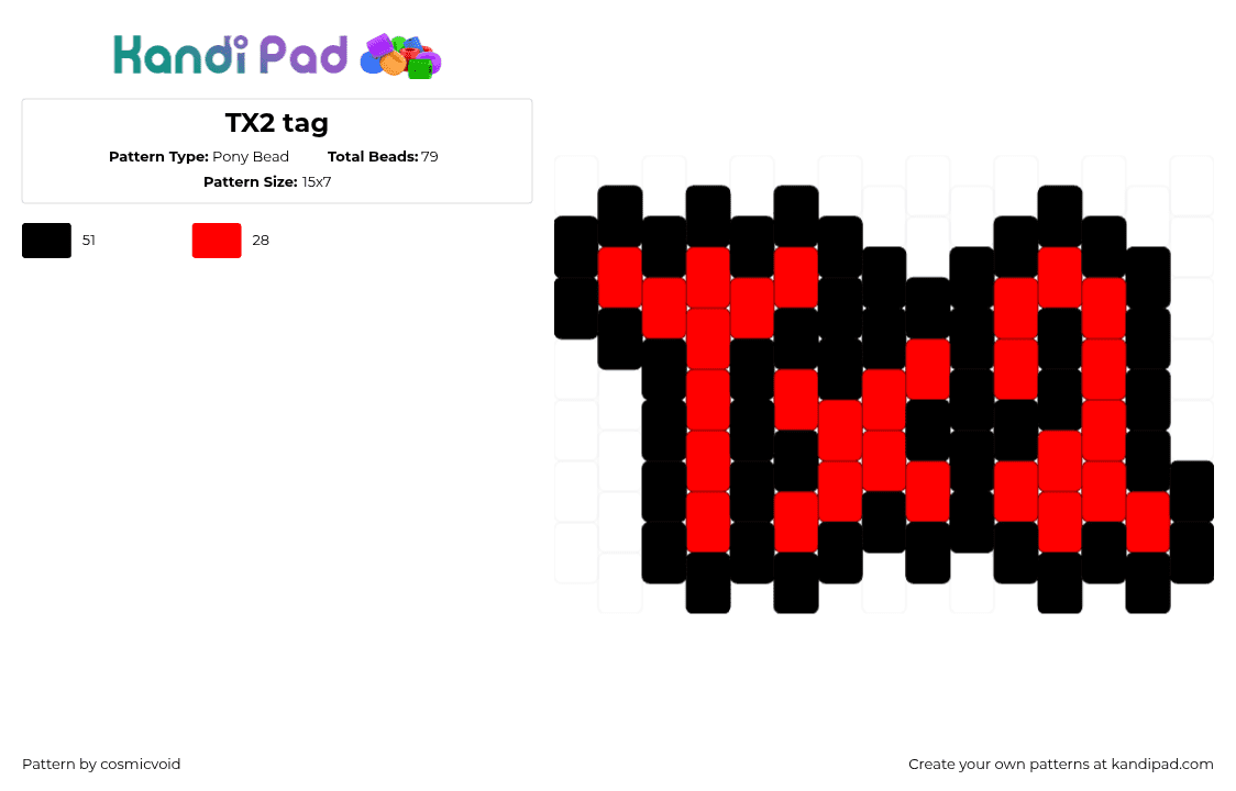 TX2 tag - Pony Bead Pattern by cosmicvoid on Kandi Pad - red,black