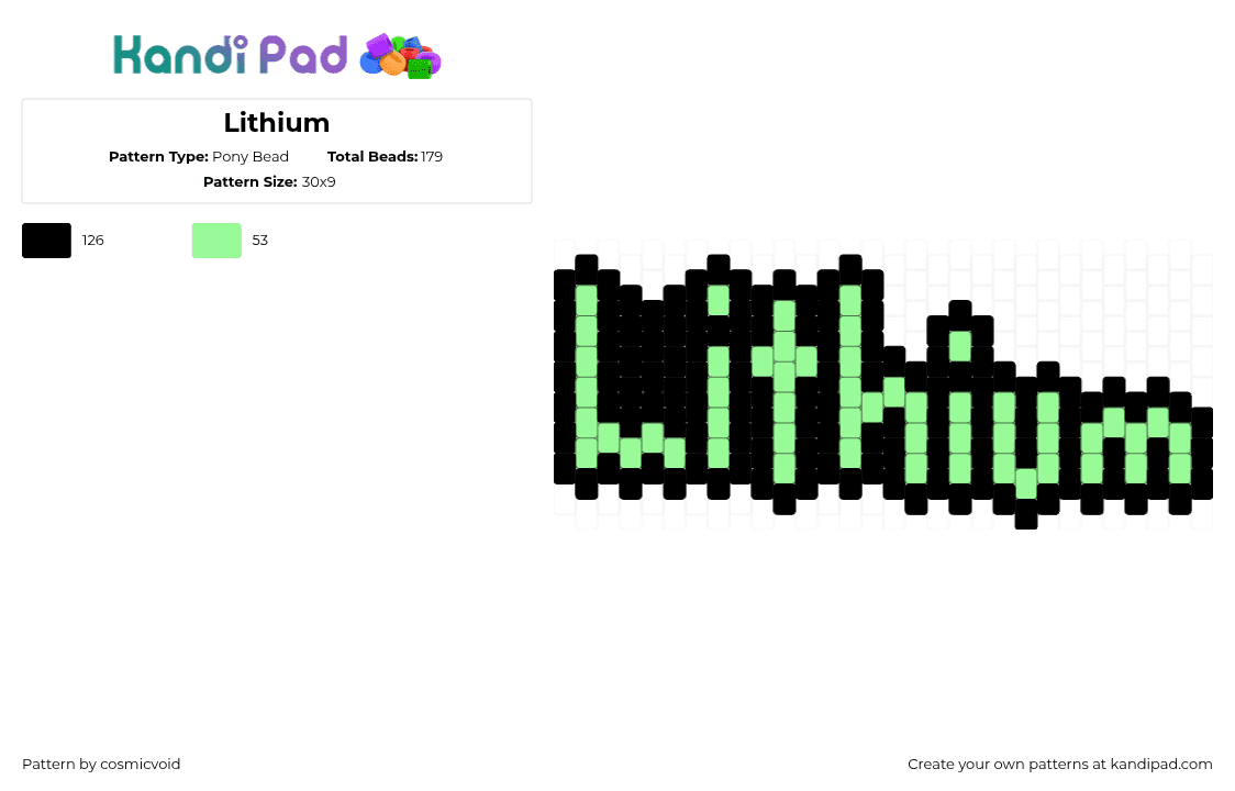 Lithium - Pony Bead Pattern by cosmicvoid on Kandi Pad - lithium,text,charm,green,black