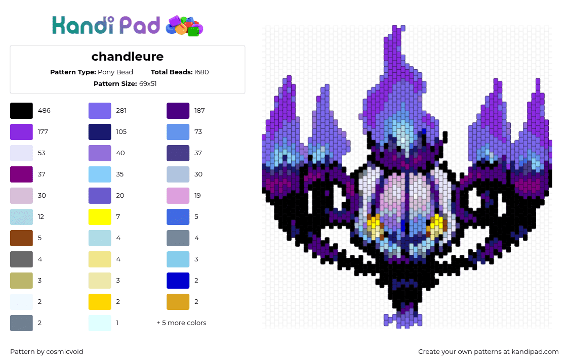 chandleure - Pony Bead Pattern by cosmicvoid on Kandi Pad - chandelure,pokemon,gaming,character,fiery,flames,purple,black