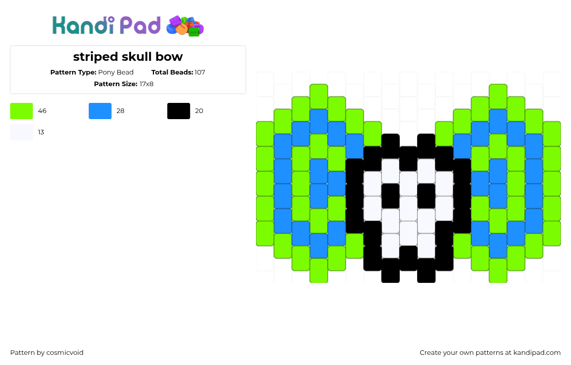 striped skull bow - Pony Bead Pattern by cosmicvoid on Kandi Pad - green,light blue