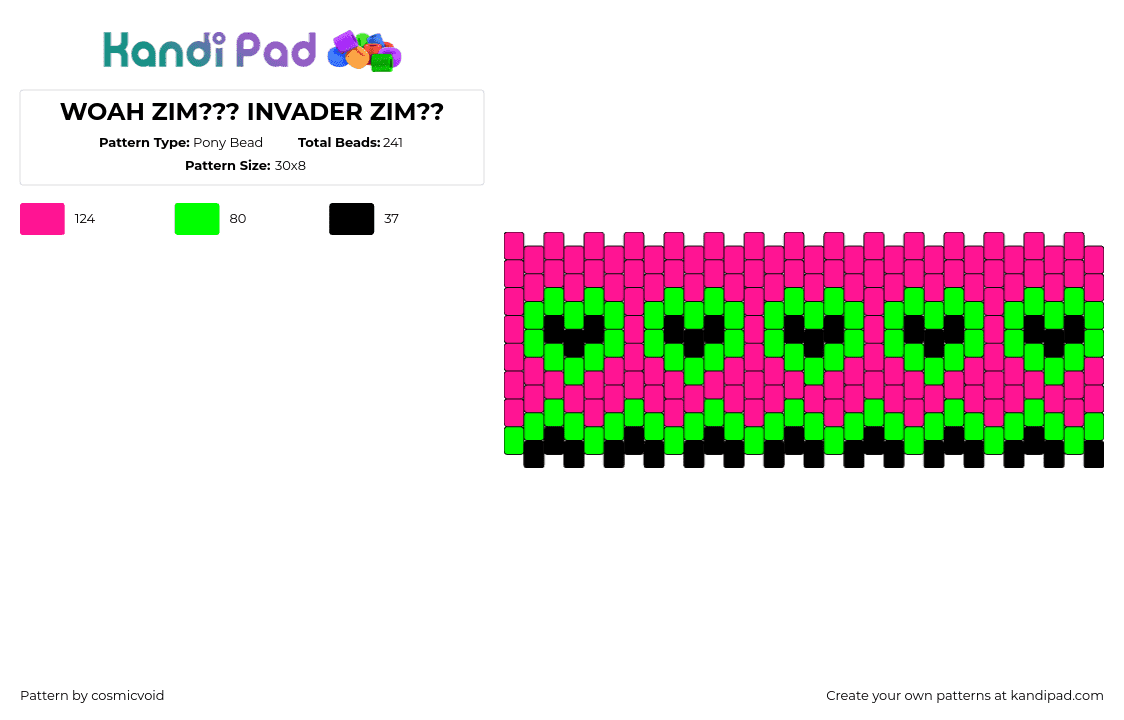 WOAH ZIM??? INVADER ZIM?? - Pony Bead Pattern by cosmicvoid on Kandi Pad - hearts,invader zim,repeating,cuff,cartoon,tv show,love,scene,pink,green