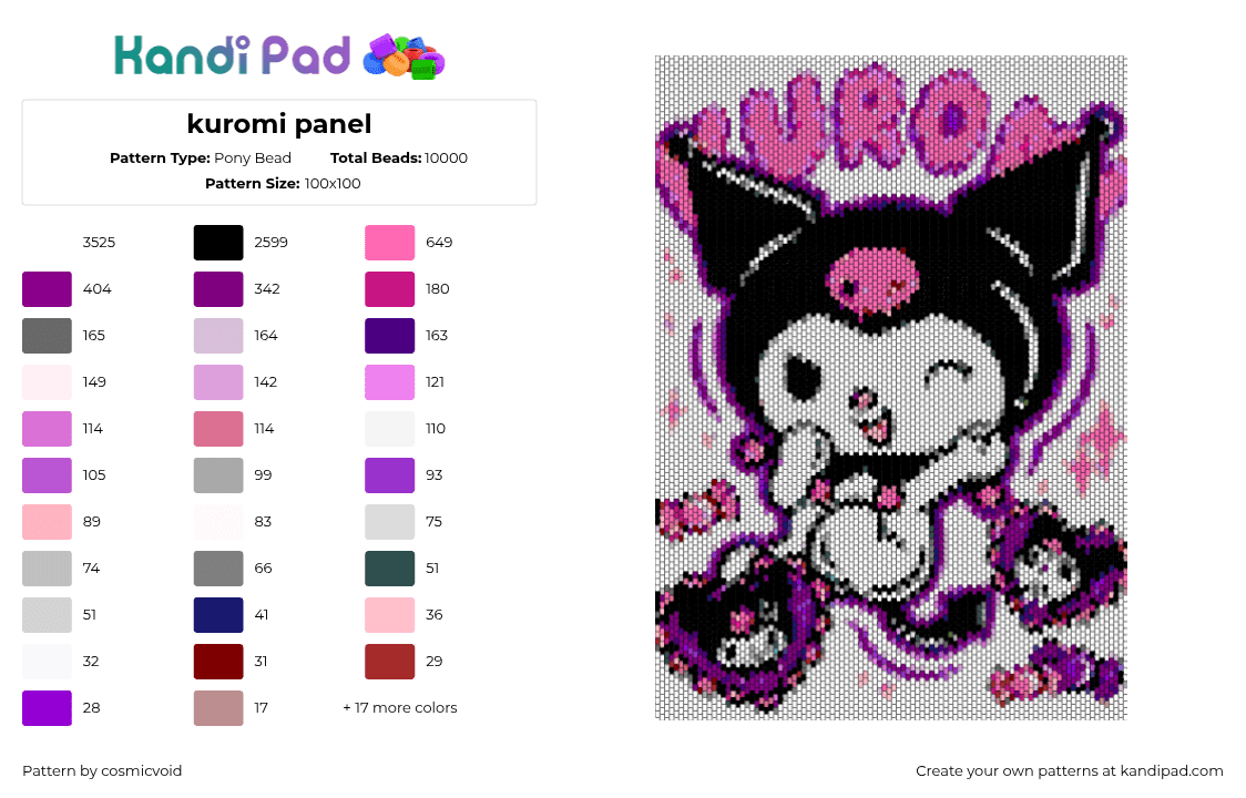 kuromi panel - Pony Bead Pattern by cosmicvoid on Kandi Pad - kuromi,sanrio,poster,panel,black,purple,pink