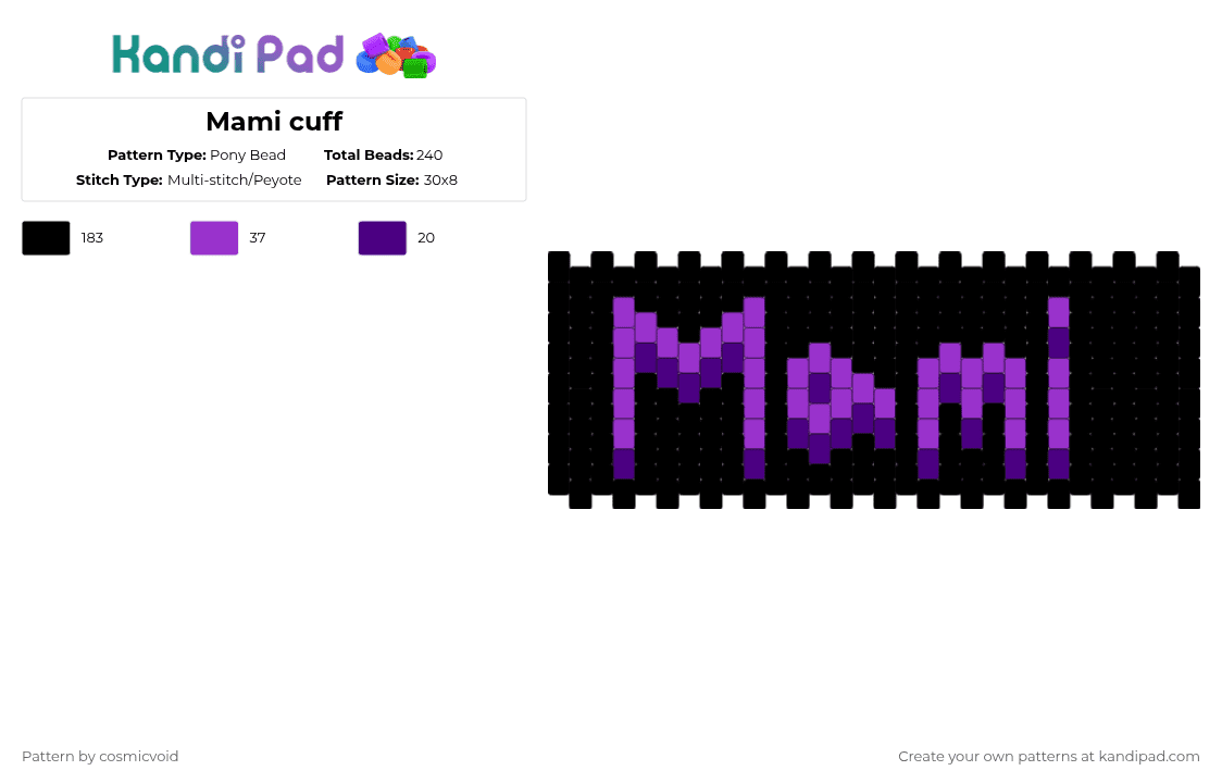 Pattern Mami Mami cuff Pony Bead Pattern - Kandi Pad | Kandi Patterns, Fuse Bead ...