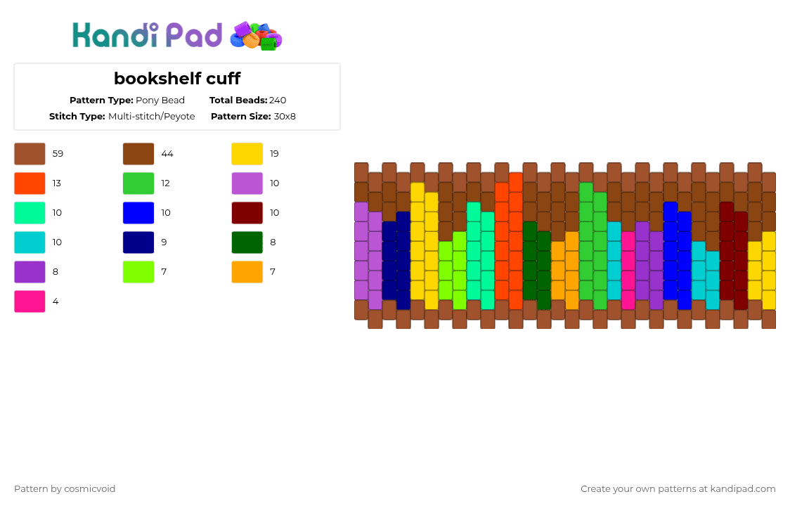 bookshelf cuff - Pony Bead Pattern by cosmicvoid on Kandi Pad - red,green,purple,cotdbooks