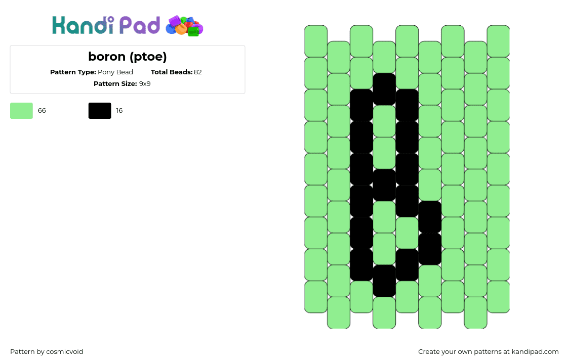 boron (ptoe) - Pony Bead Pattern by cosmicvoid on Kandi Pad - boron,element,science,chemistry,periodic table,simple,charm,green,black