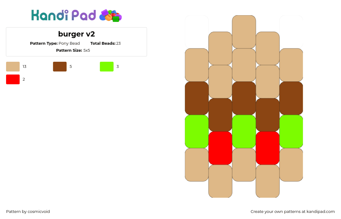 burger v2 - Pony Bead Pattern by cosmicvoid on Kandi Pad - hamburger,food,sandwich,simple,charm,tan,green