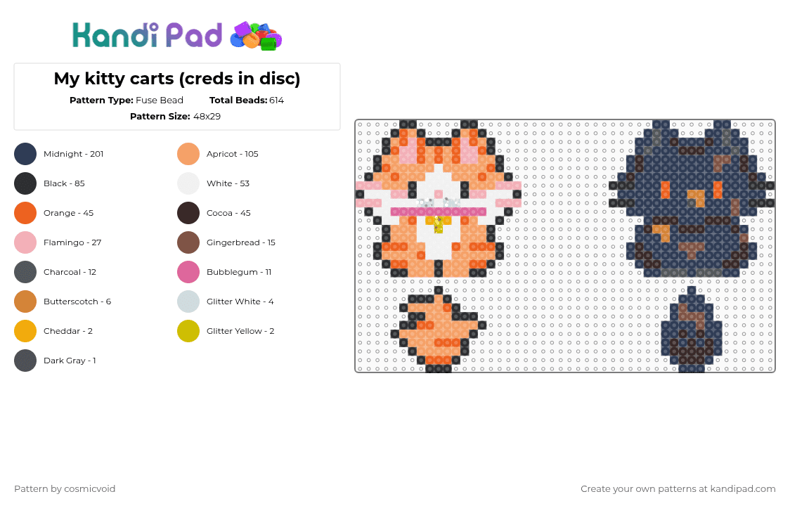 My kitty carts (creds in disc) - Fuse Bead Pattern by cosmicvoid on Kandi Pad - orange,purple,remix,cat,cute,chibi