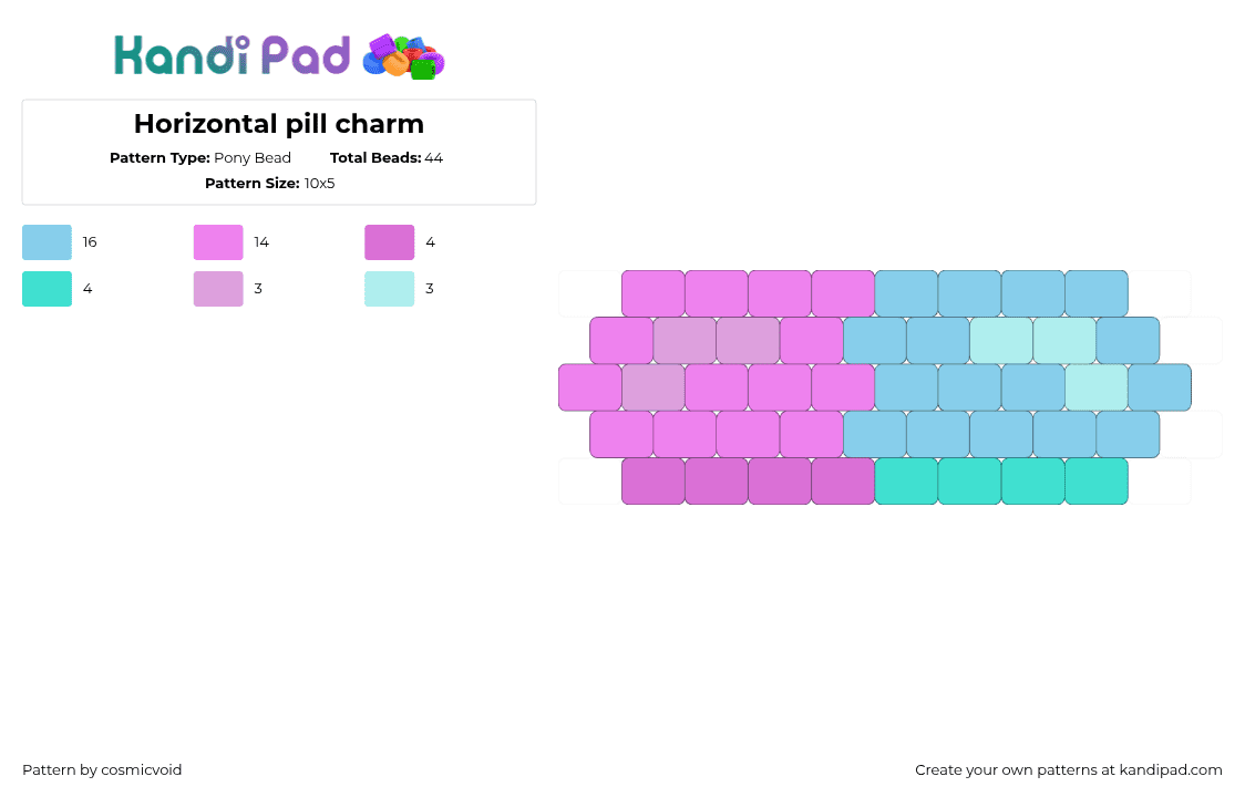 Horizontal pill charm - Pony Bead Pattern by cosmicvoid on Kandi Pad - pill,medicine,menhera,drugs,charm,pink,teal,light blue