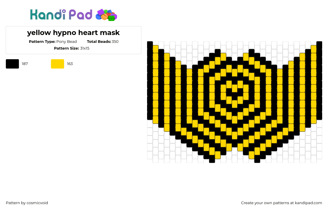 yellow hypno heart mask - Pony Bead Pattern by cosmicvoid on Kandi Pad - hypnotic,neon,heart,mask,trippy,black,yellow