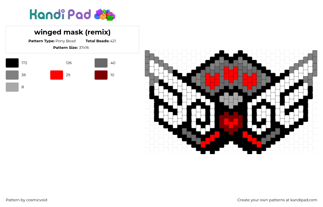 winged mask (remix) - Pony Bead Pattern by cosmicvoid on Kandi Pad - wings,love,mask,red,gray,white