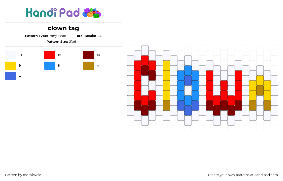 clown tag - Pony Bead Pattern by cosmicvoid on Kandi Pad - white,brown,red,yellow
