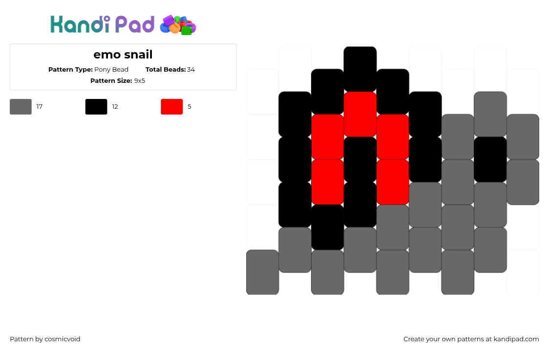 emo snail - Pony Bead Pattern by cosmicvoid on Kandi Pad - snail,emo,slug,simple,charm,gray,red,black