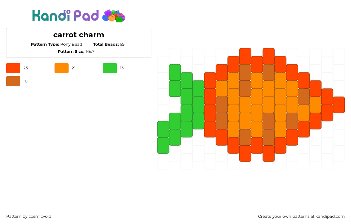 carrot charm - Pony Bead Pattern by cosmicvoid on Kandi Pad - carrot,vegetable,food,charm,orange,green