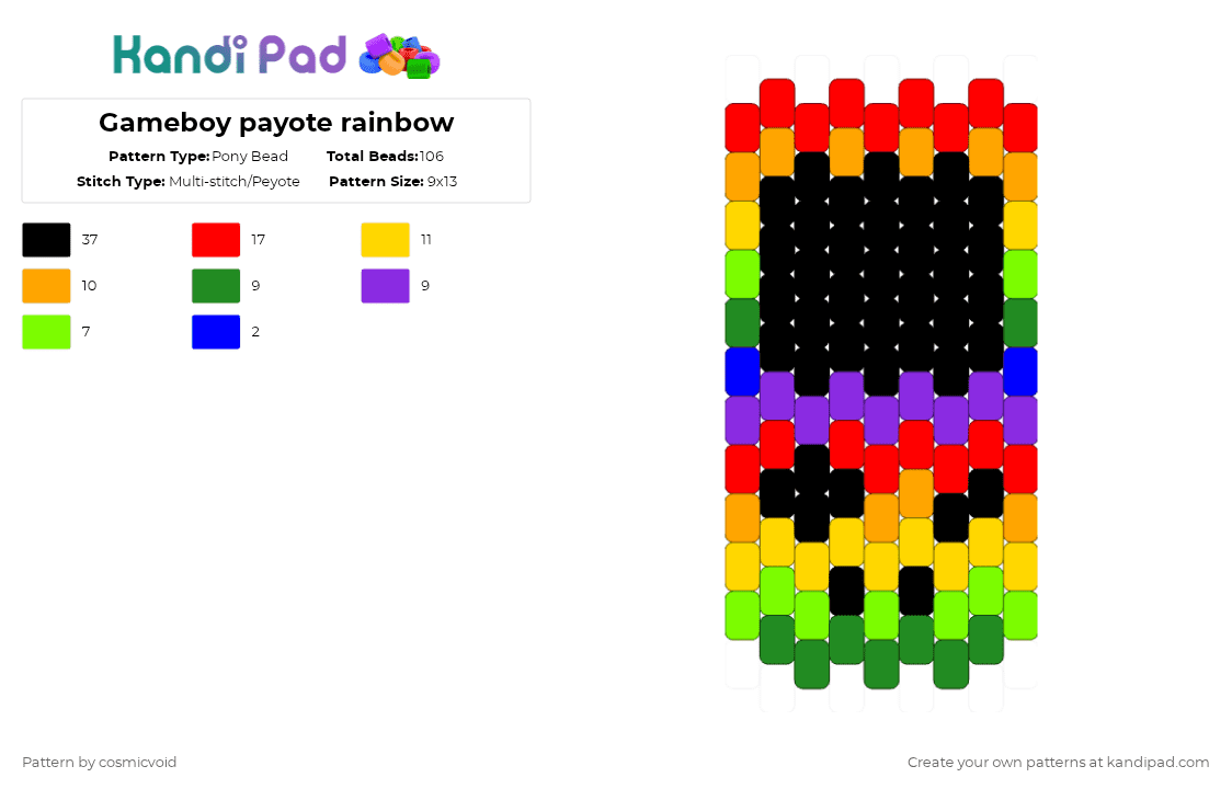 Gameboy payote rainbow - Pony Bead Pattern by cosmicvoid on Kandi Pad - green,red