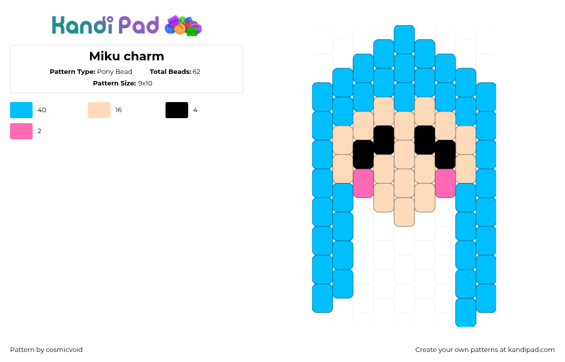 Miku charm - Pony Bead Pattern by cosmicvoid on Kandi Pad - hatsune miku,vocaloid,head,charm,character,light blue,tan