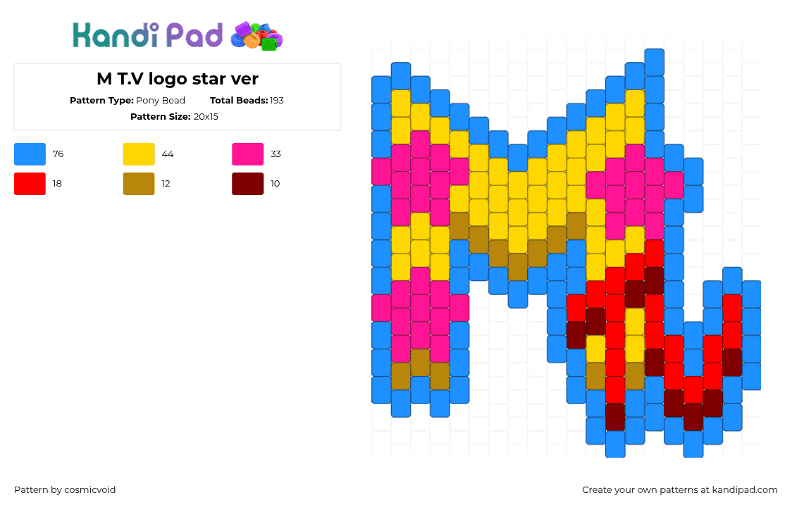 M T.V logo star ver - Pony Bead Pattern by cosmicvoid on Kandi Pad - pink,yellow,light blue