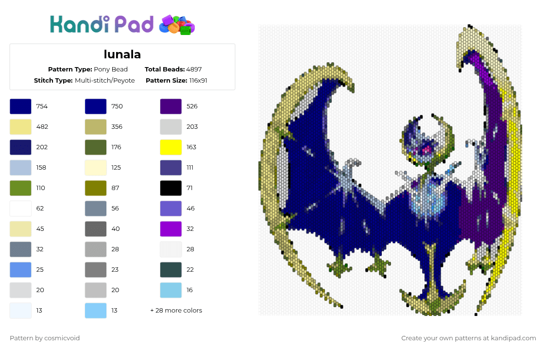 lunala - Pony Bead Pattern by cosmicvoid on Kandi Pad - beige,yellow,purple