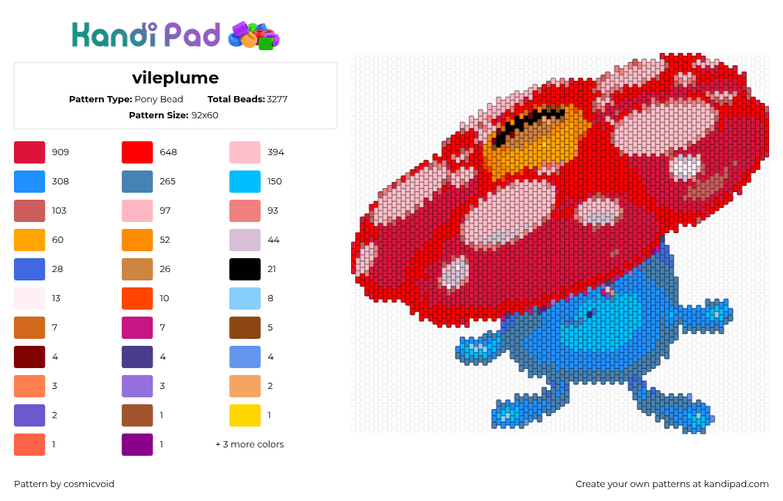 vileplume - Pony Bead Pattern by cosmicvoid on Kandi Pad - vileplume,pokemon,evolution,gloom,gaming,character,blue,red