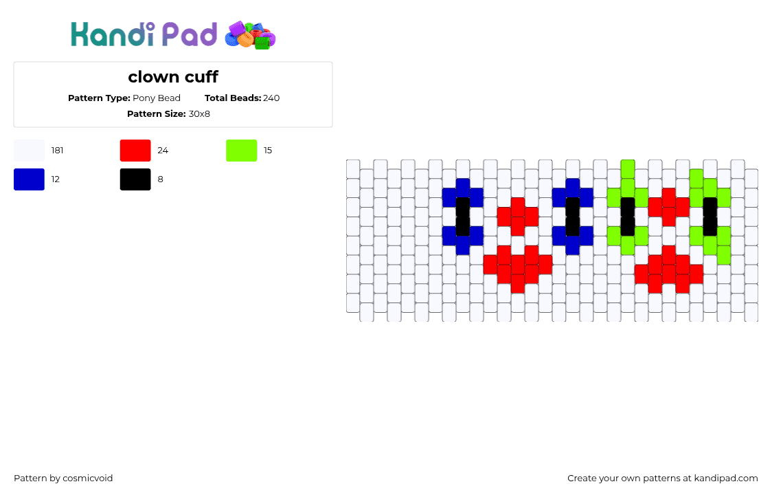 clown cuff - Pony Bead Pattern by cosmicvoid on Kandi Pad - clown,makeup,face,cuff,white,red