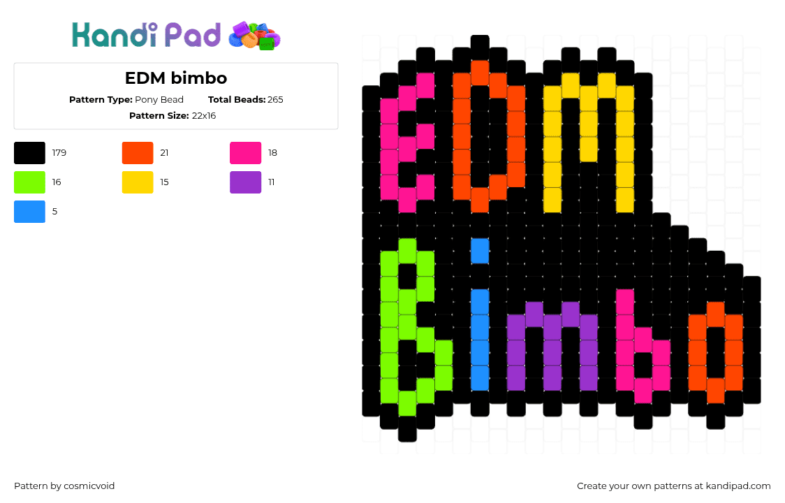 EDM bimbo - Pony Bead Pattern by cosmicvoid on Kandi Pad - edm bimbo,sign,text,colorful,charm,music,black