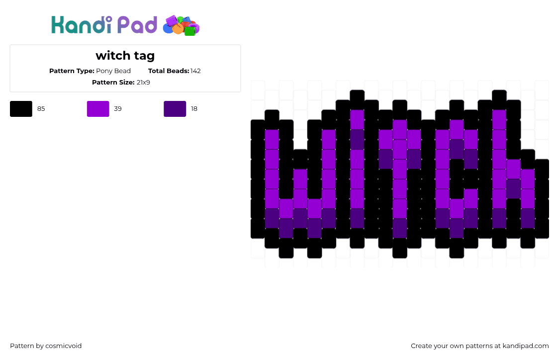 witch tag - Pony Bead Pattern by cosmicvoid on Kandi Pad - witch,text,charm,tag,spooky,halloween,purple,black
