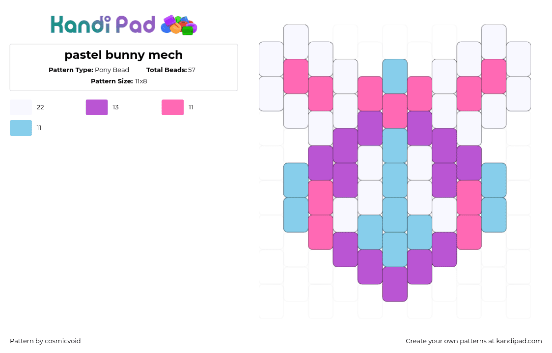 pastel bunny mech - Pony Bead Pattern by cosmicvoid on Kandi Pad - bunny,mech,pastel,head,animal,charm,white,purple,pink,light blue