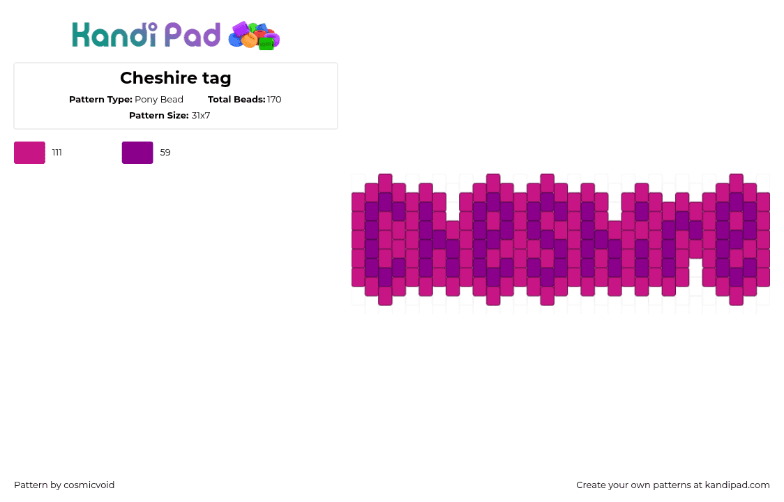 Cheshire tag - Pony Bead Pattern by cosmicvoid on Kandi Pad - pink