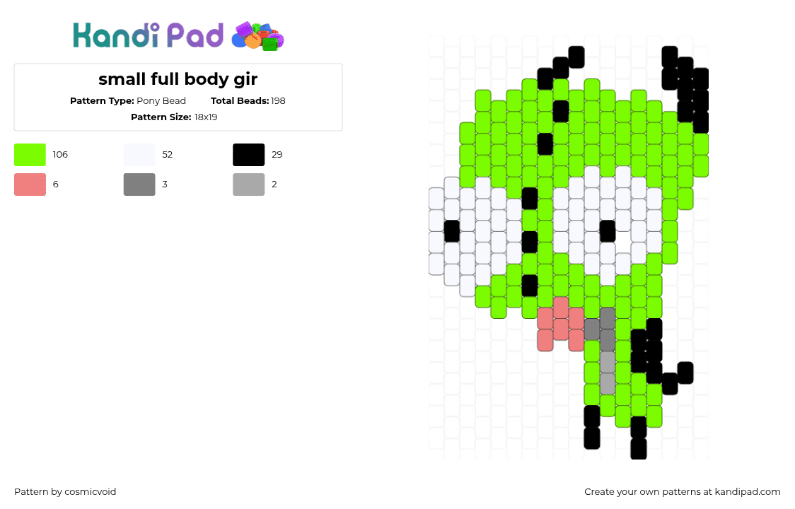 small full body gir - Pony Bead Pattern by cosmicvoid on Kandi Pad - gir,invader zim,costume,character,dog,cartoon,tv show,green,white