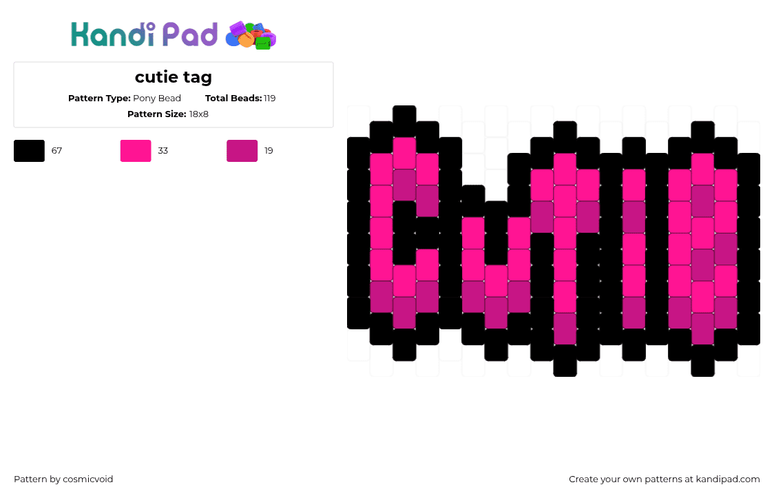 cutie tag - Pony Bead Pattern by cosmicvoid on Kandi Pad - pink,black