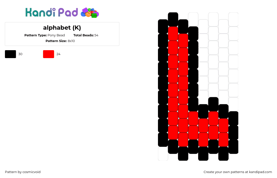 alphabet (K) - Pony Bead Pattern by cosmicvoid on Kandi Pad - l,alphabet,text,letter,charm,simple,red,black