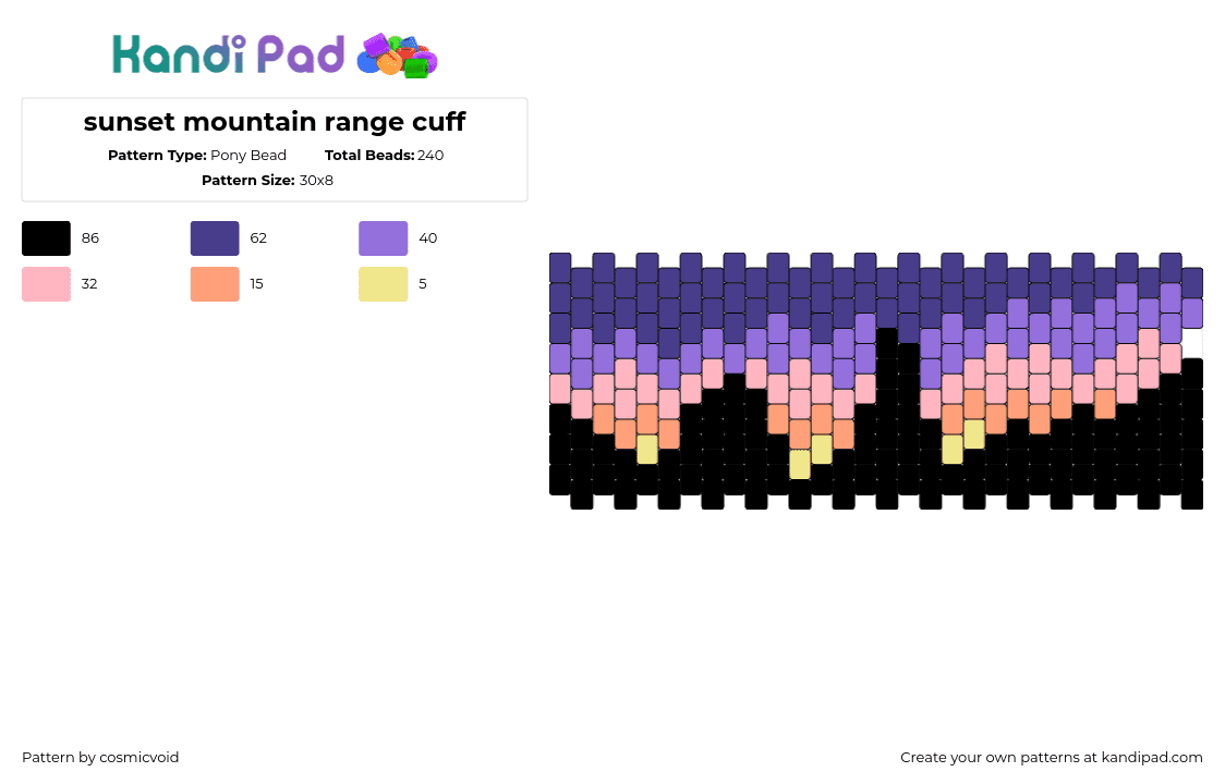 sunset mountain range cuff - Pony Bead Pattern by cosmicvoid on Kandi Pad - sunset,mountains,silhouette,night,dark,cuff,purple,black,pink