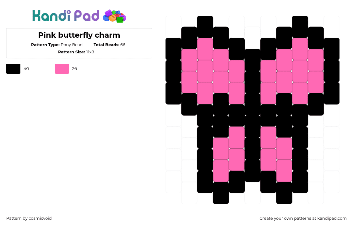 Pink butterfly charm - Pony Bead Pattern by cosmicvoid on Kandi Pad - pink,black