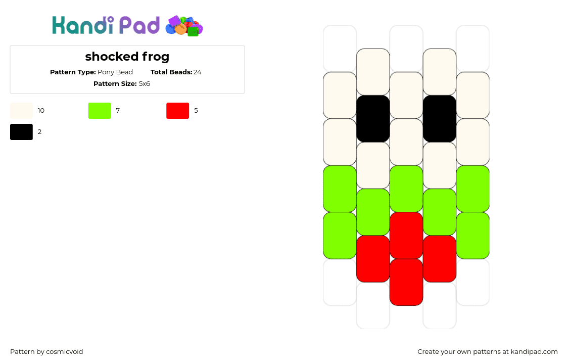 shocked frog - Pony Bead Pattern by cosmicvoid on Kandi Pad - frog,keroppi,amphibian,cute,eyes,simple,charm,green,red,white