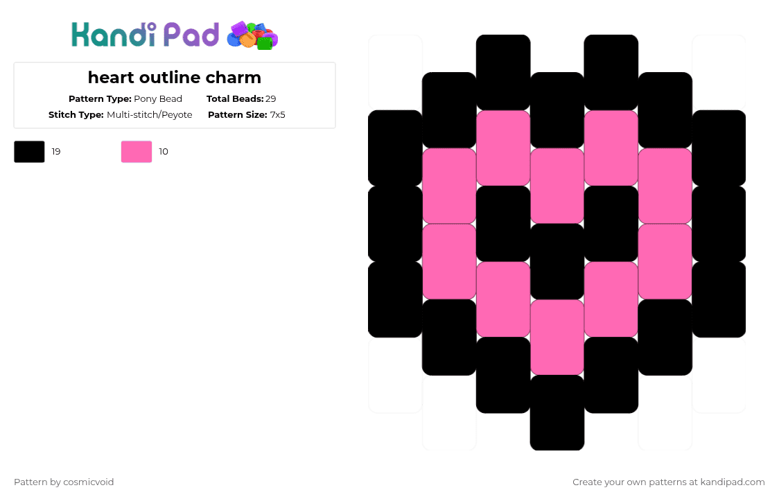 heart outline charm - Pony Bead Pattern by cosmicvoid on Kandi Pad - pink,black