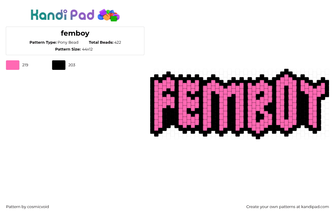 femboy - Pony Bead Pattern by cosmicvoid on Kandi Pad - femboy,text,charm,pink,black